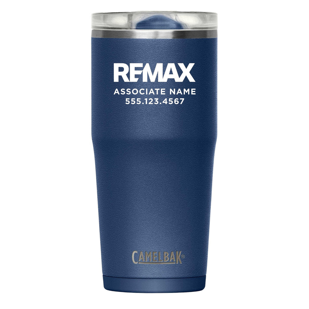 Blue insulated tumbler with white text and CamelBak branding on a white background