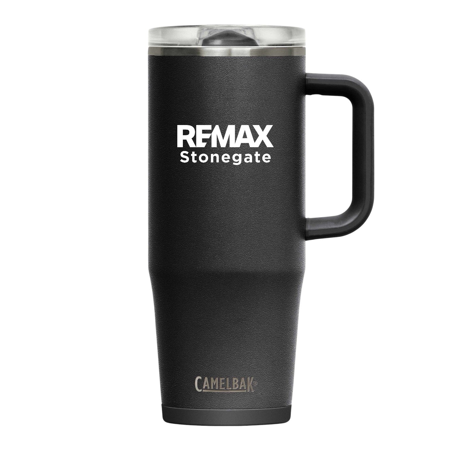 Black travel mug with REMAX Stonegate branding on a white background