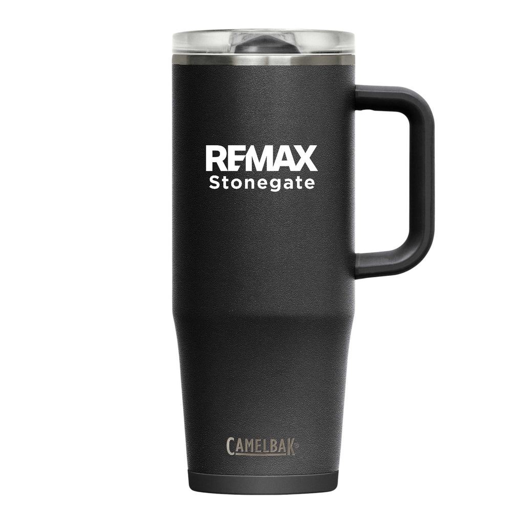 Black travel mug with REMAX Stonegate branding on a white background