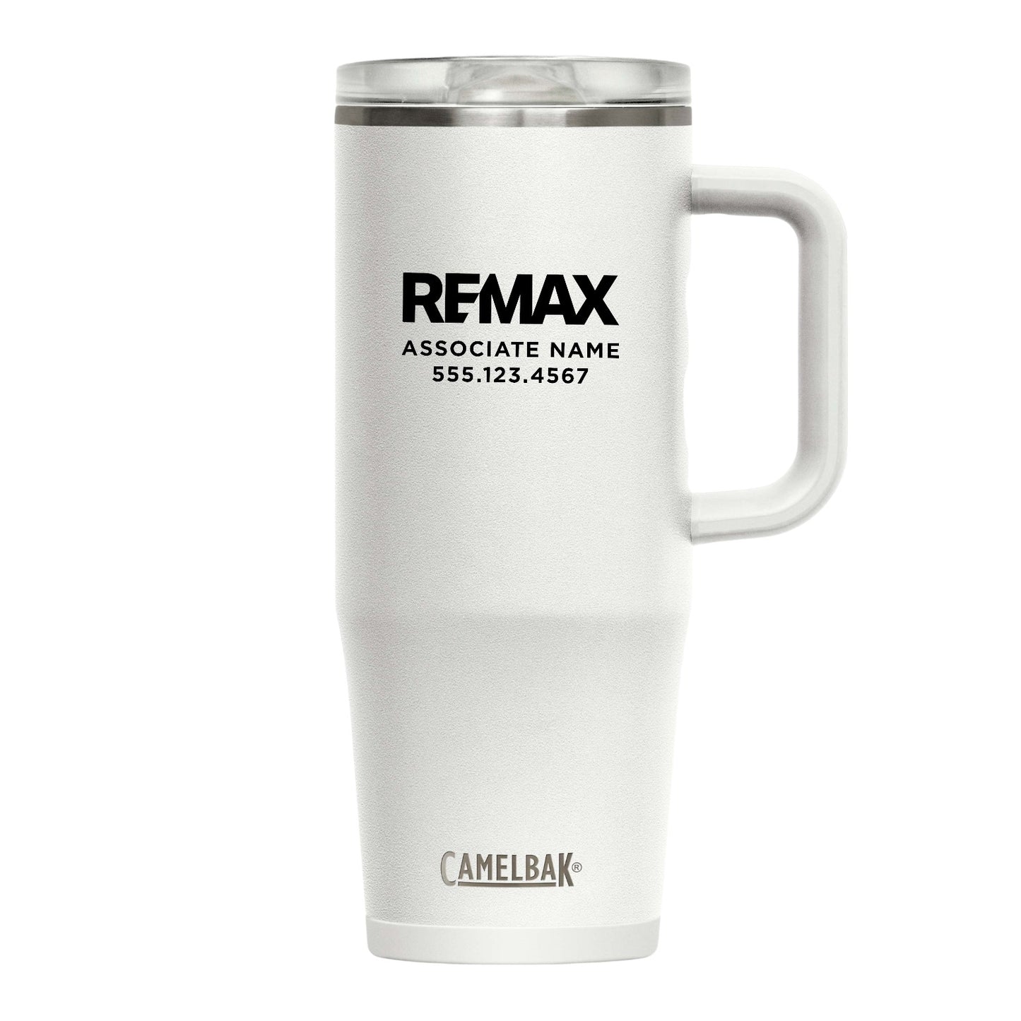 White insulated mug with REMAX branding on a white background
