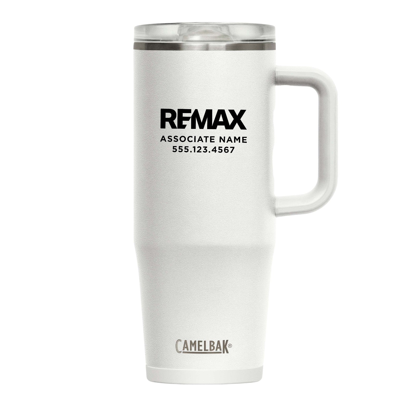 White insulated mug with REMAX branding on a white background