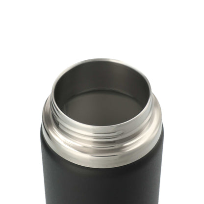 Black thermos with silver lid on a white background