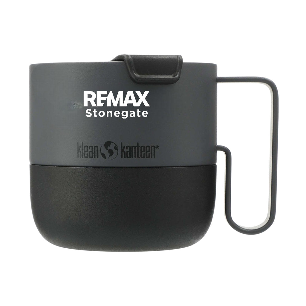 Black insulated mug with REMAX and Klean Kanteen branding on a white background