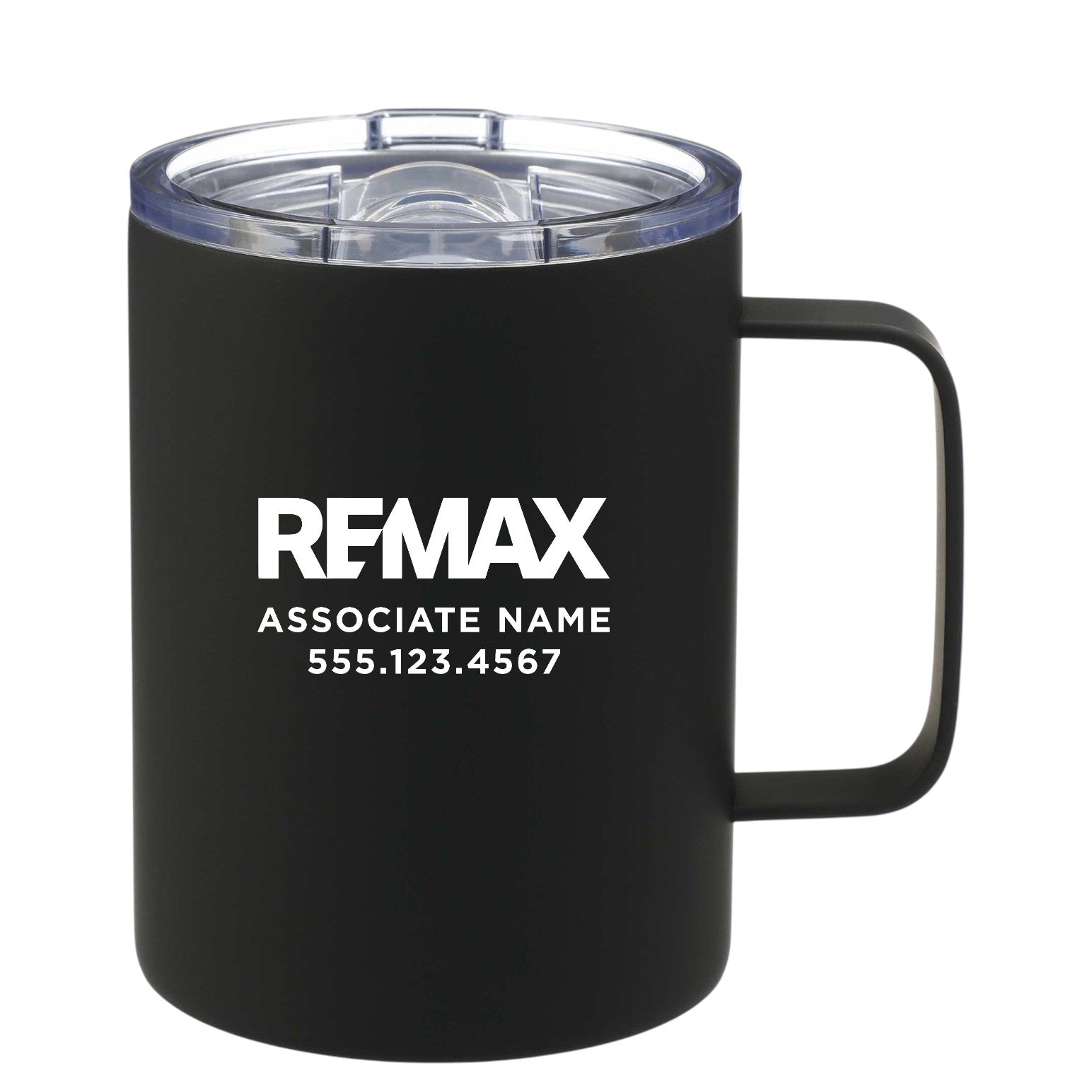 Black mug with REMAX logo and contact information on a white background