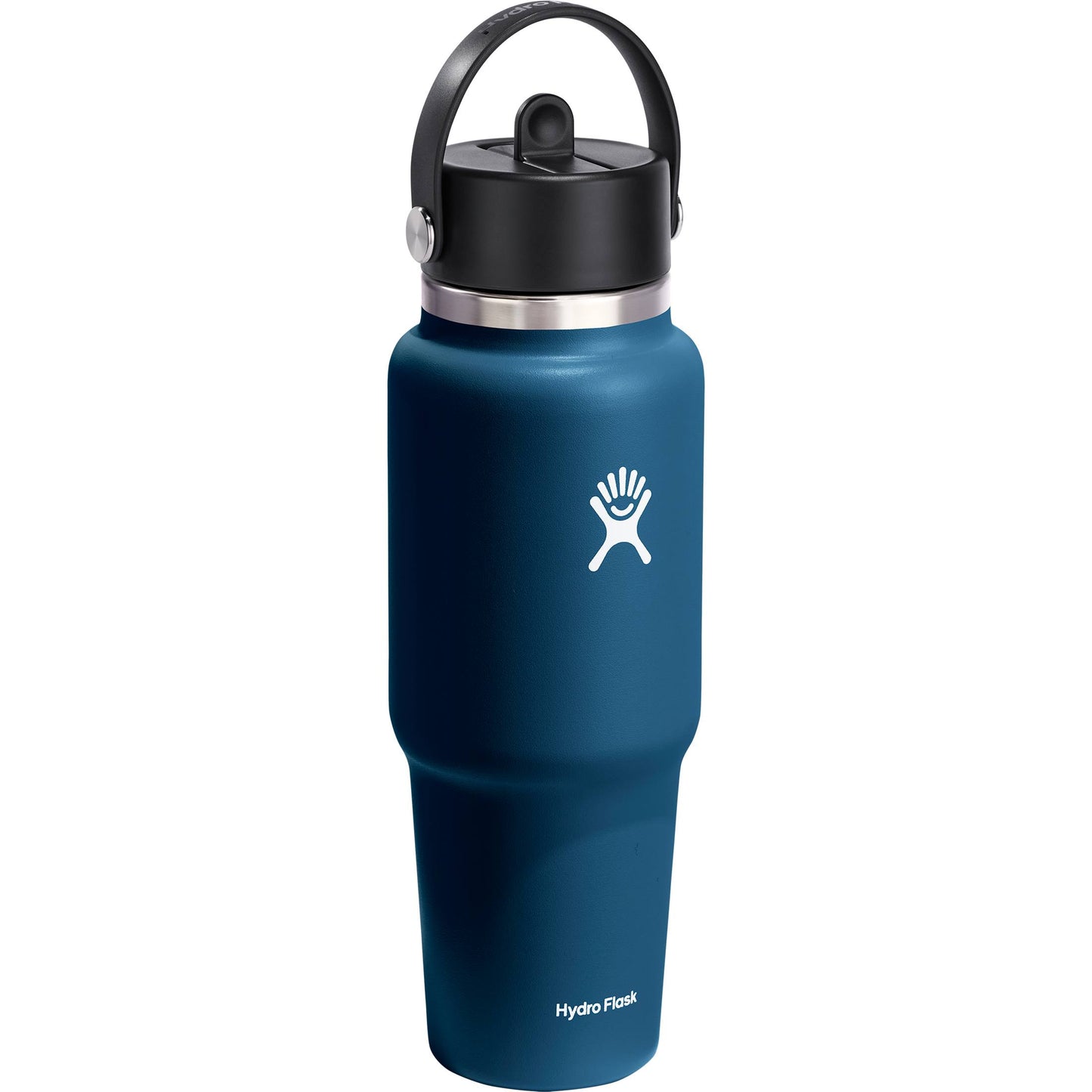 Blue water bottle with black lid on a white background