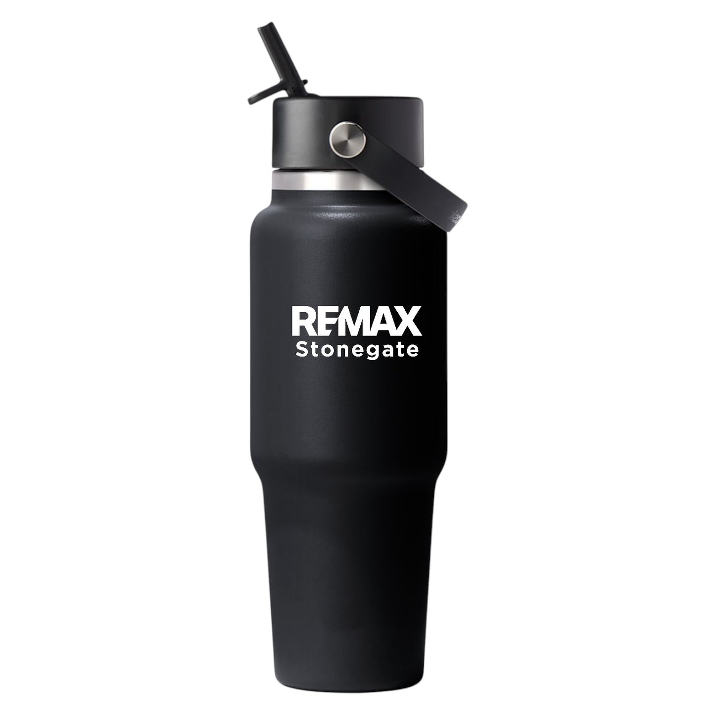 Black water bottle with 'REMAX Stonegate' logo on a white background