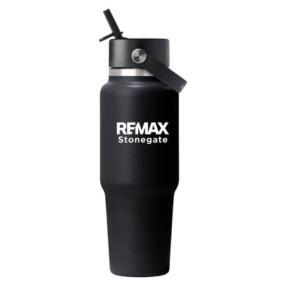 Black water bottle with 'REMAX Stonegate' logo on a white background