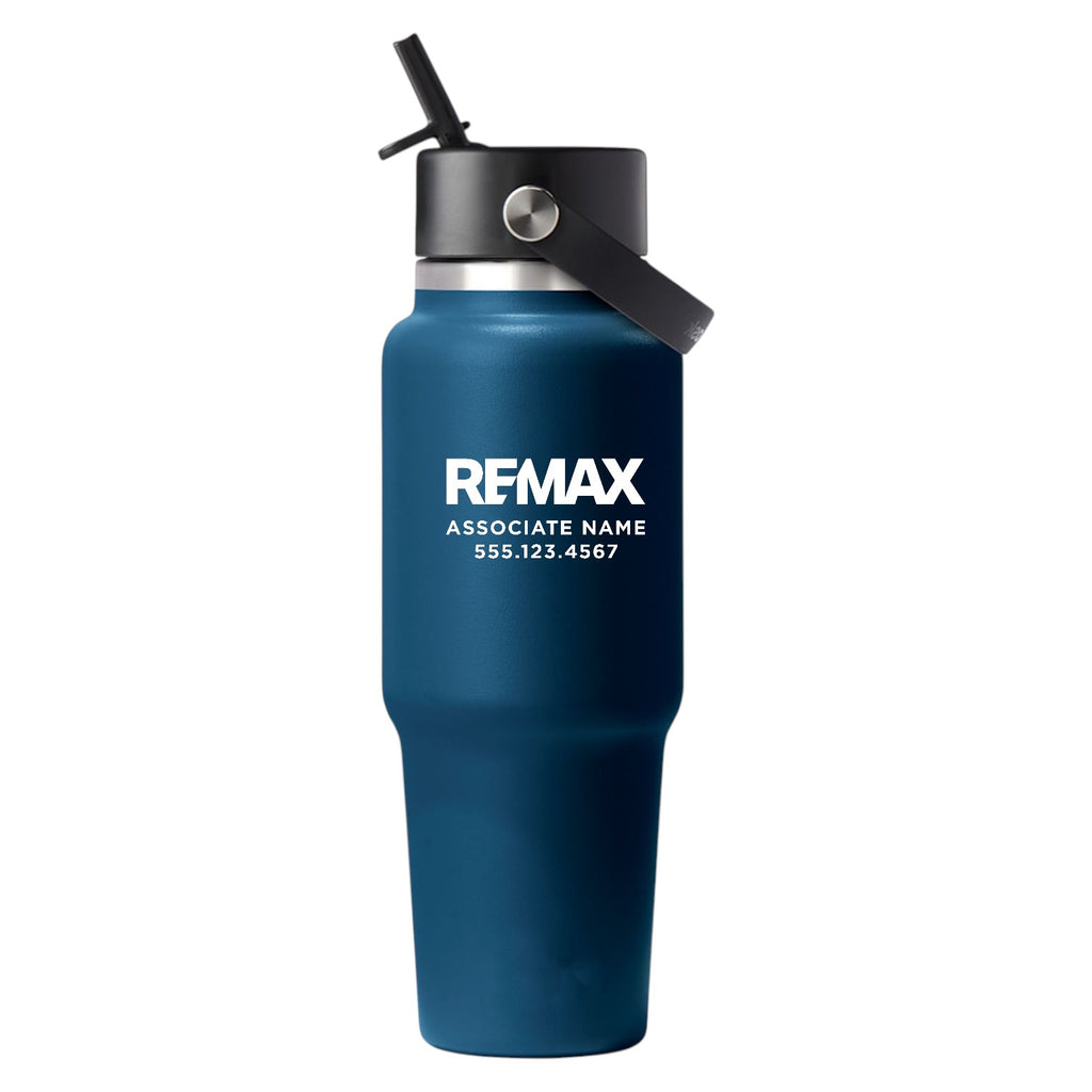 Blue water bottle with REMAX branding on a white background