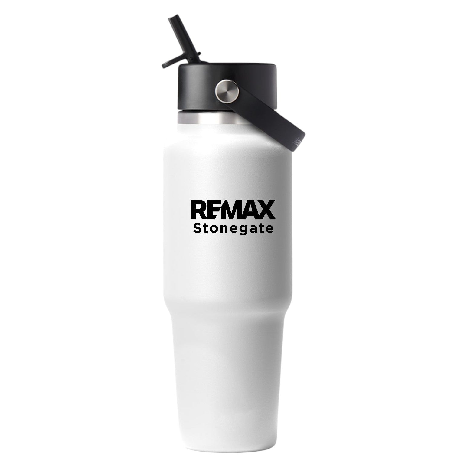 White water bottle with black lid and 'REMAX Stonegate' text on a white background