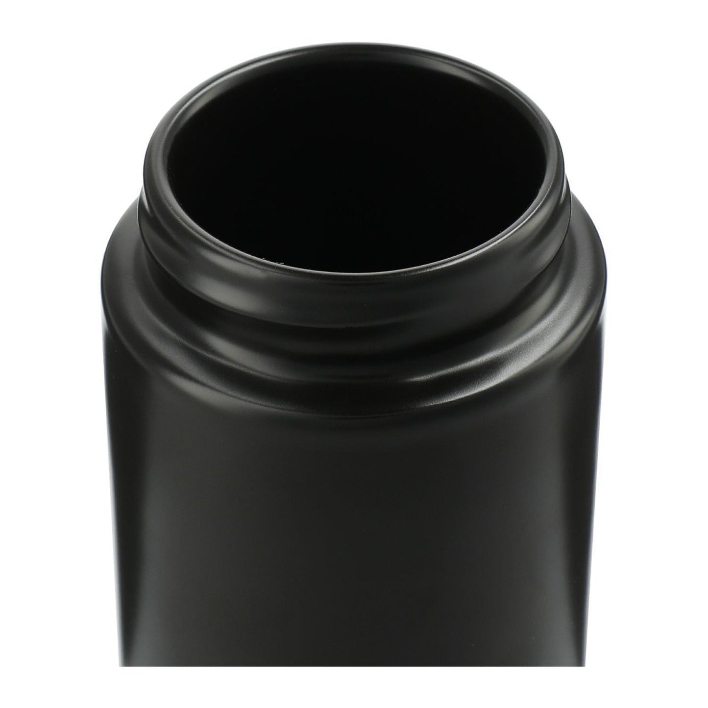 Black cylindrical container with a lid on a white background