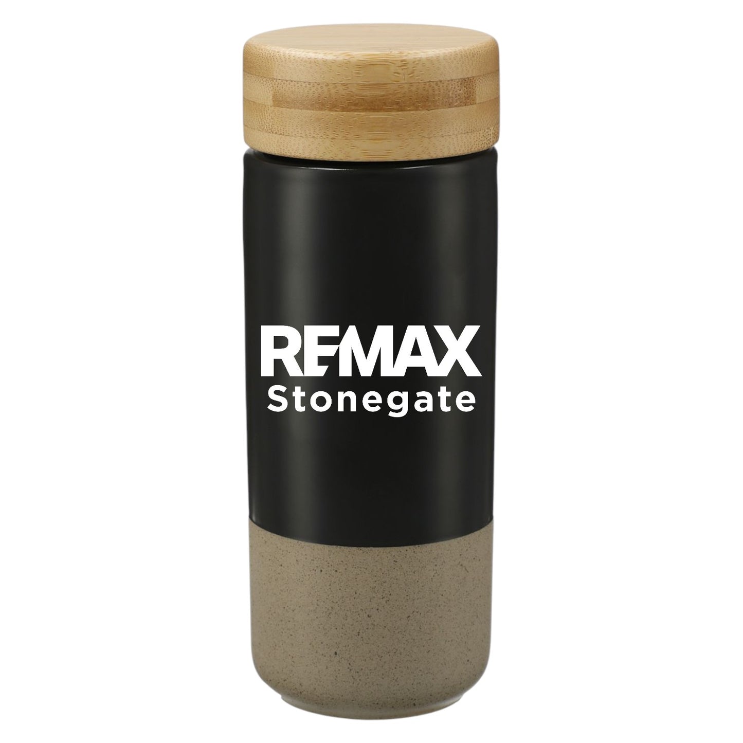 Black tumbler with wooden lid and base, featuring 'REMAX Stonegate' branding.