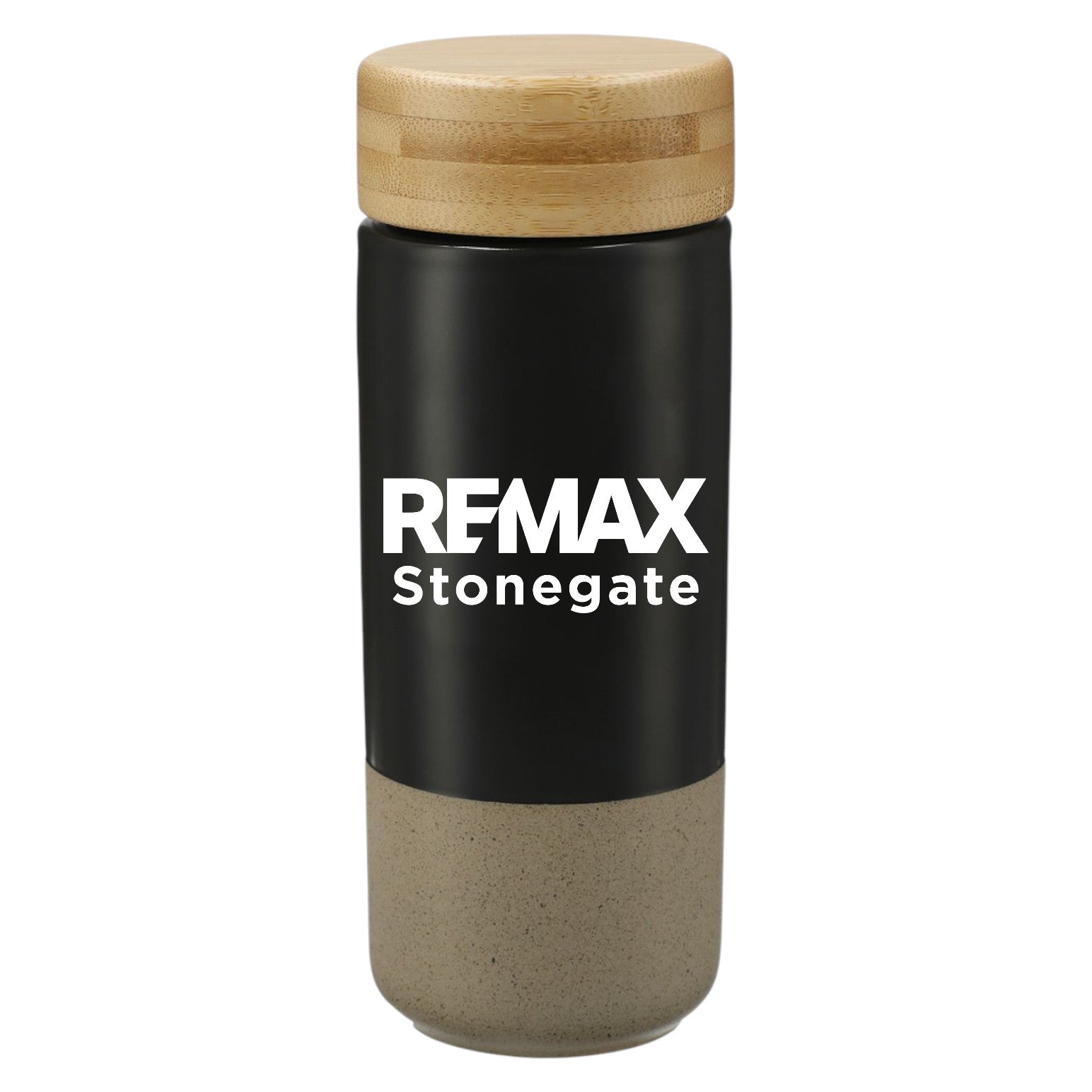 Black tumbler with wooden lid and base, featuring 'REMAX Stonegate' branding.