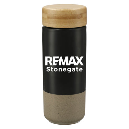 Black tumbler with wooden lid and base, featuring 'REMAX Stonegate' branding.