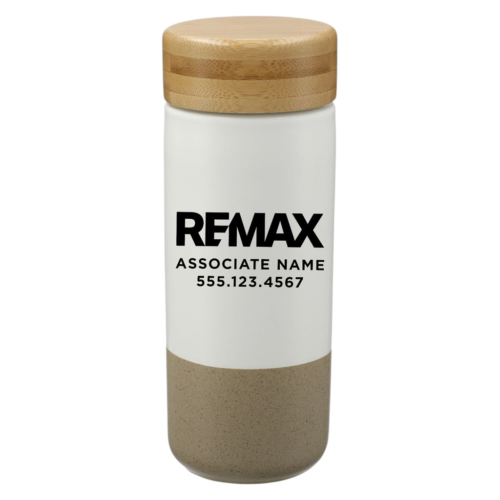 Tumbler with REMAX branding and contact information on a white background