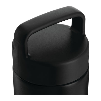 Black insulated bottle with a handle on a white background