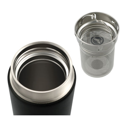Black thermos with a metal mesh tea infuser on a white background