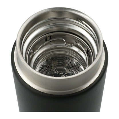 Close-up of a black and silver thermos with 'welly' branding on a white background