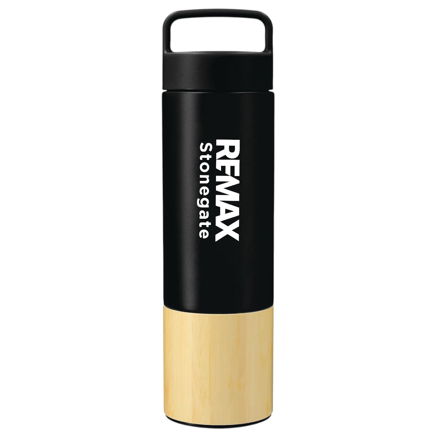 Black and gold water bottle with Remax Stonegate branding on a white background