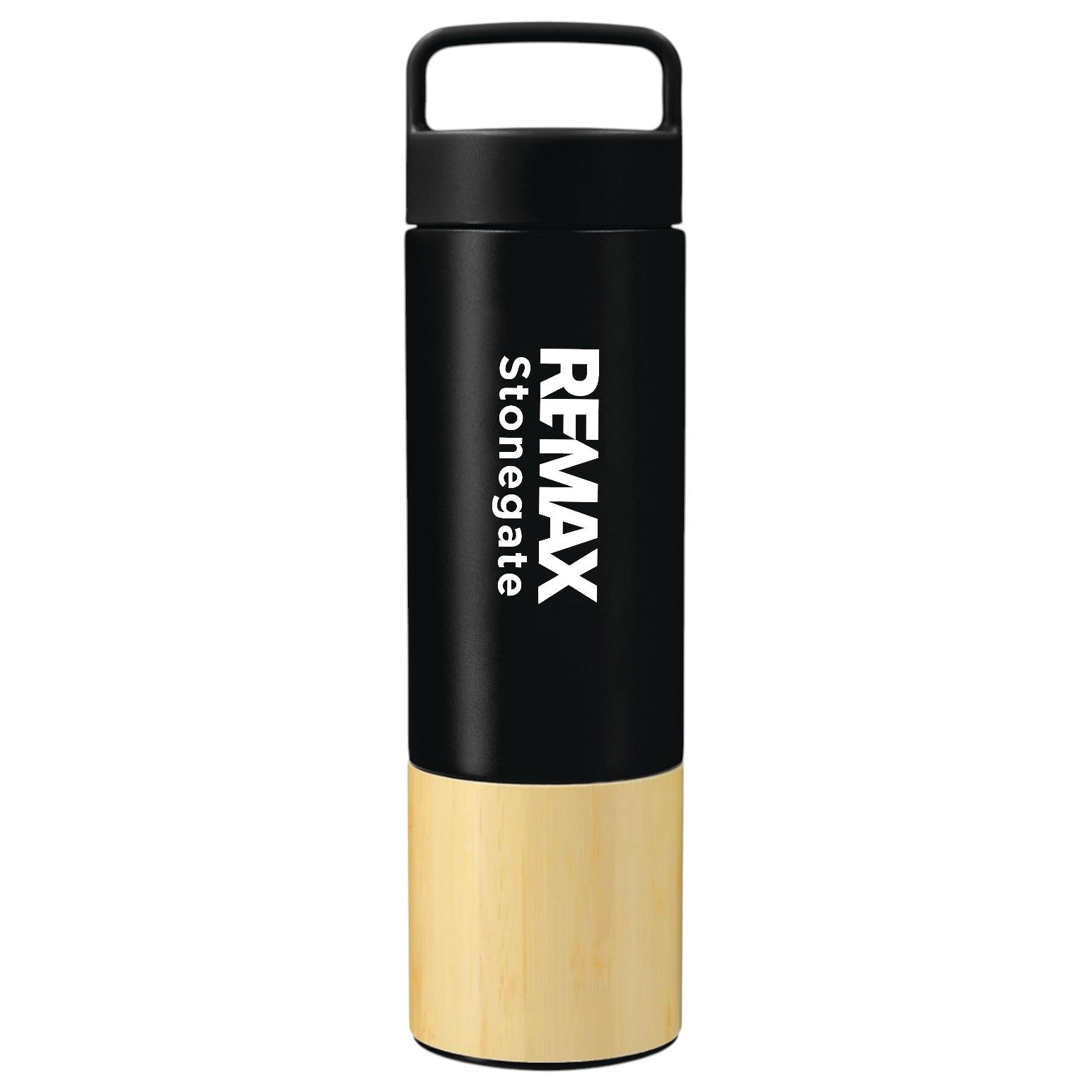 Black and gold water bottle with Remax Stonegate branding on a white background