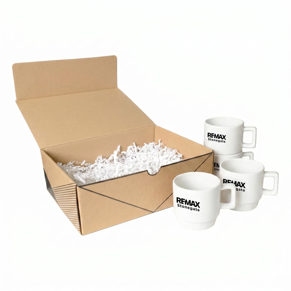 Open cardboard box with white REMAX Stonegate logo