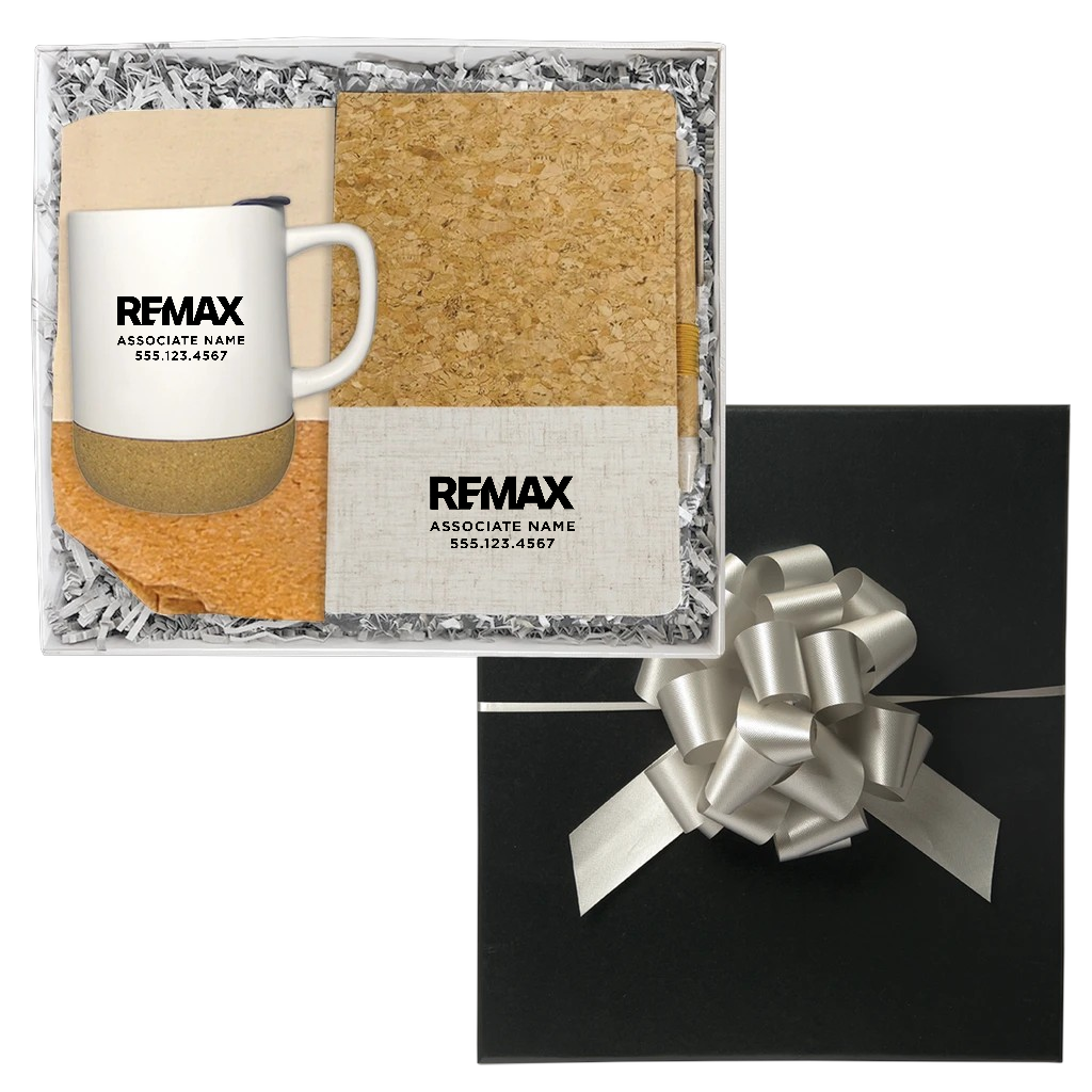 Gift set with REMAX branded mug and coasters, tied with a bow.