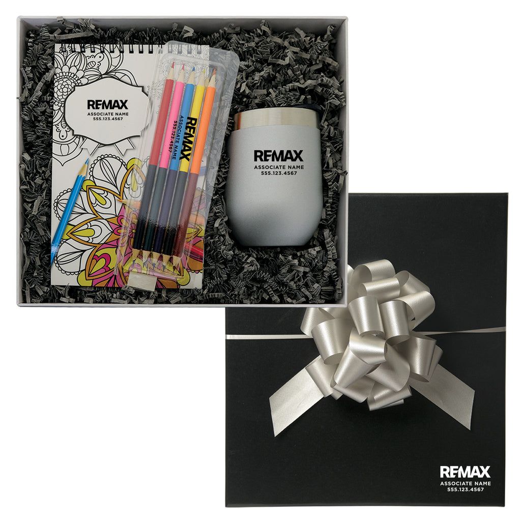 Gift set with coloring book, markers, and mug in a box, featuring REMAX branding.