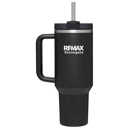 Black insulated mug with handle and straw lid, featuring REMAX Stonegate logo on a white background