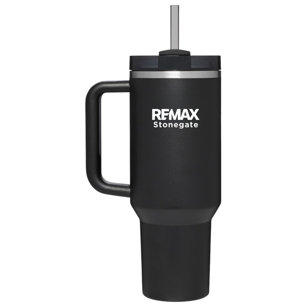 Black insulated mug with handle and straw lid, featuring REMAX Stonegate logo on a white background