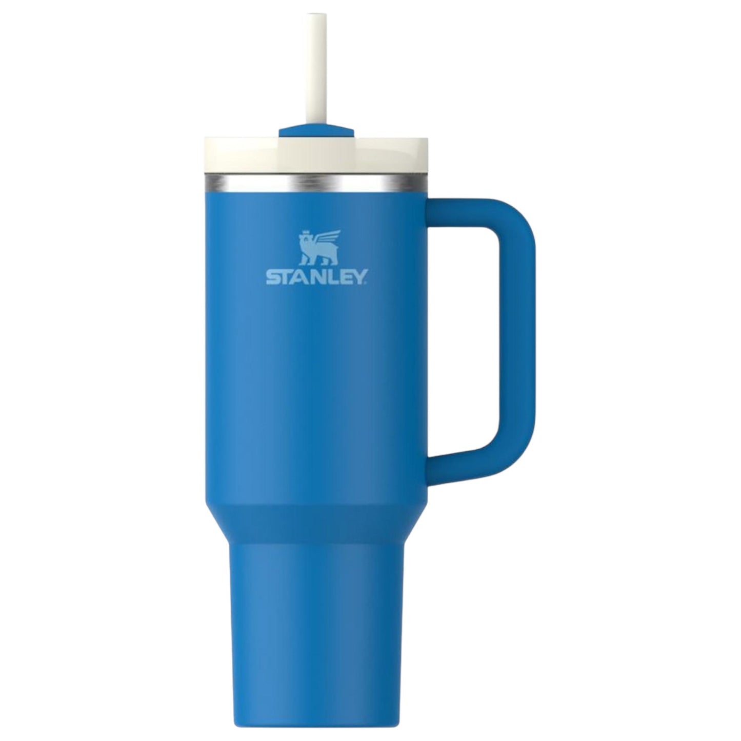 Blue Stanley mug with handle on a white background