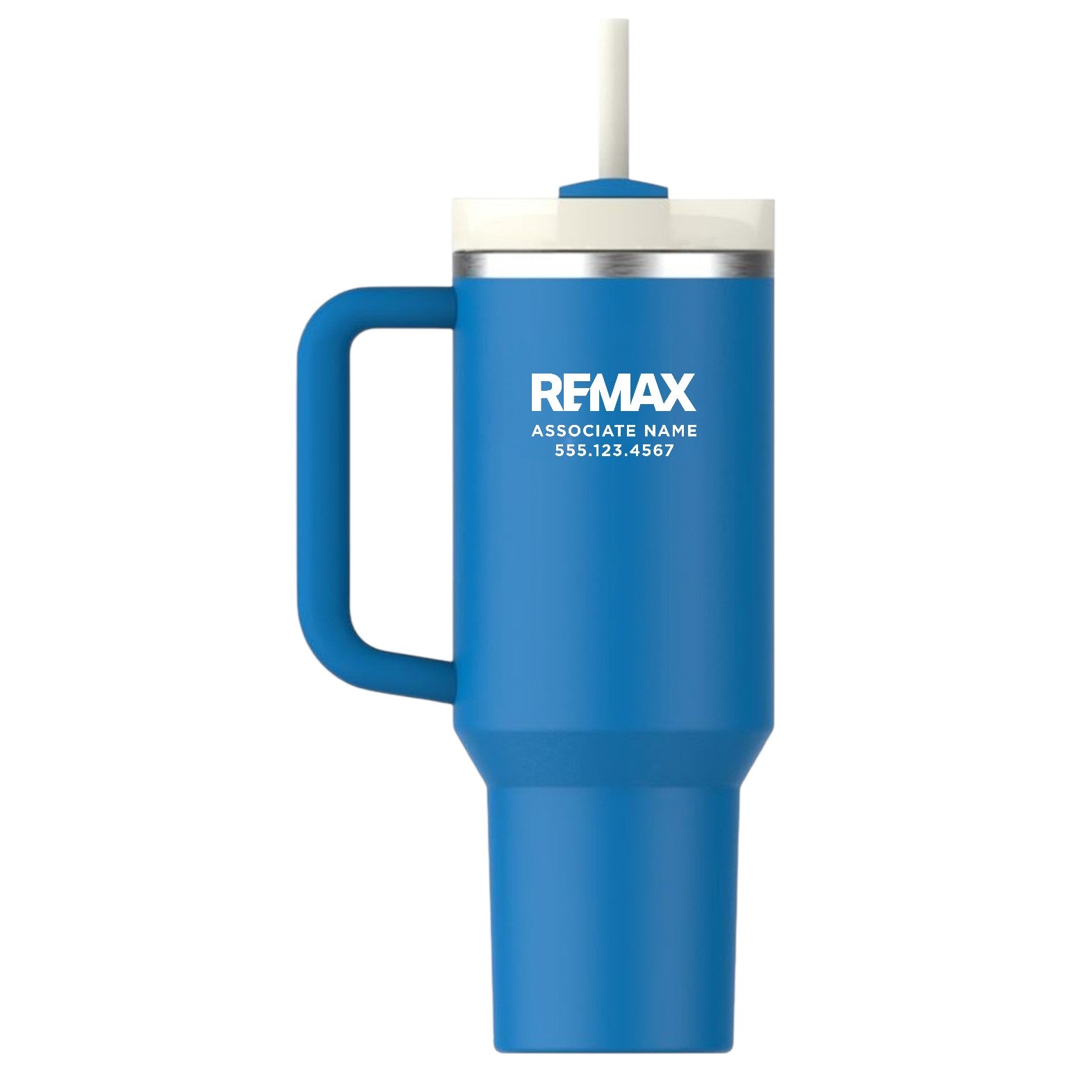 Blue tumbler with handle and REMAX branding on a white background