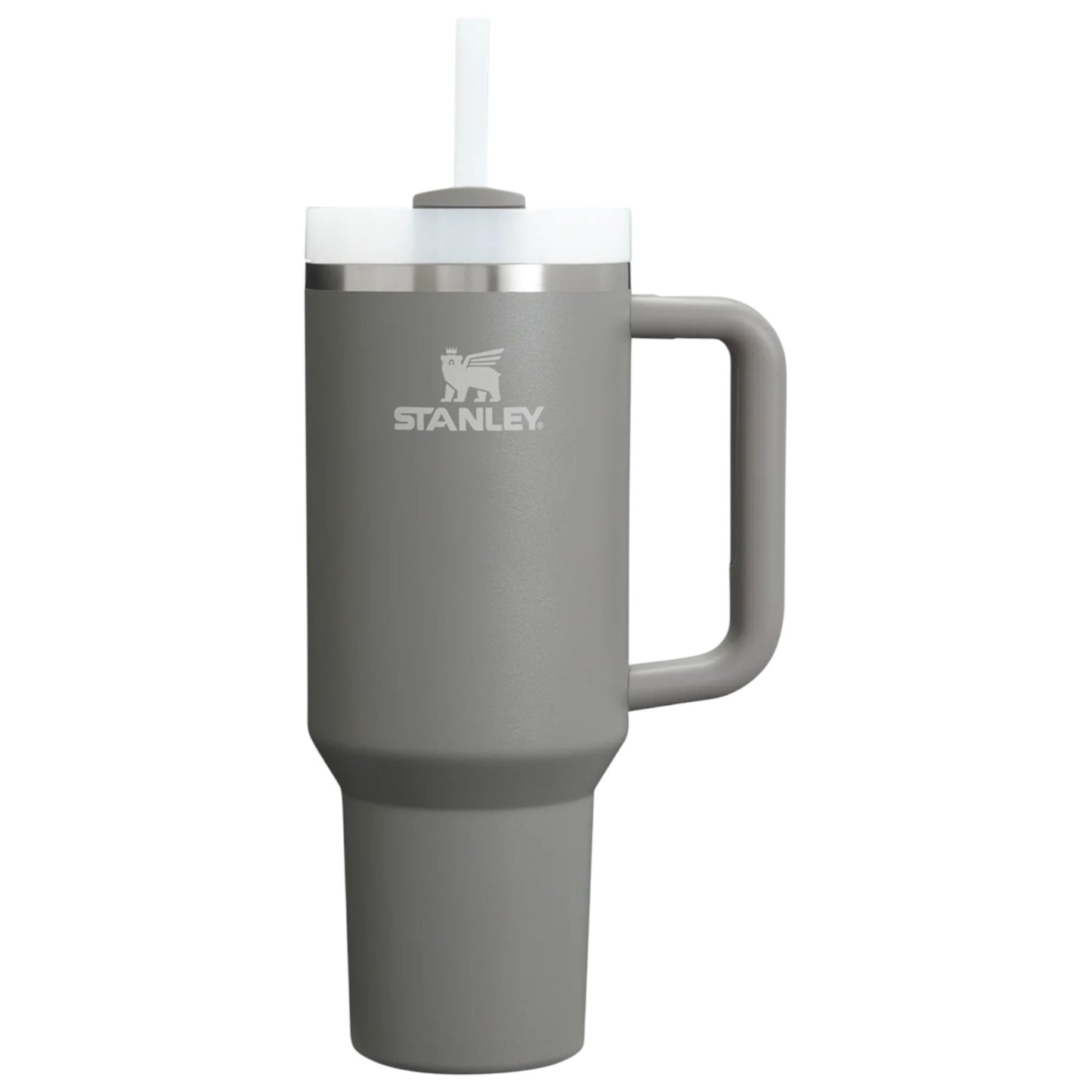 Green Stanley mug with handle and straw on a white background