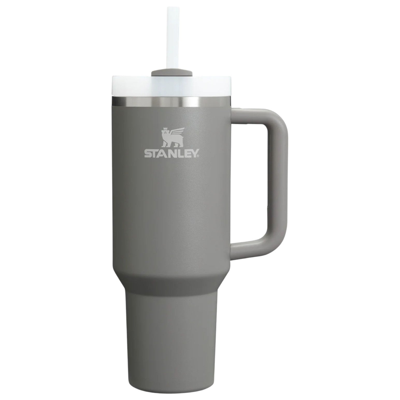 Green Stanley mug with handle and straw on a white background