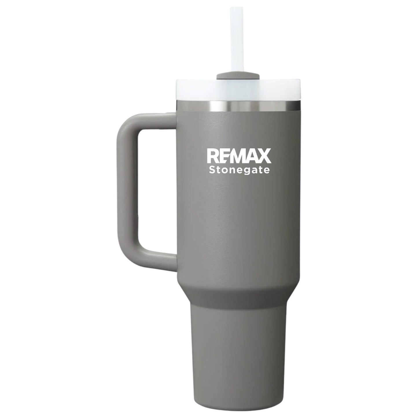 Gray travel mug with handle and straw lid featuring 'REMAX Stonegate' branding on a white background.