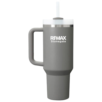 Gray travel mug with handle and straw lid featuring 'REMAX Stonegate' branding on a white background.