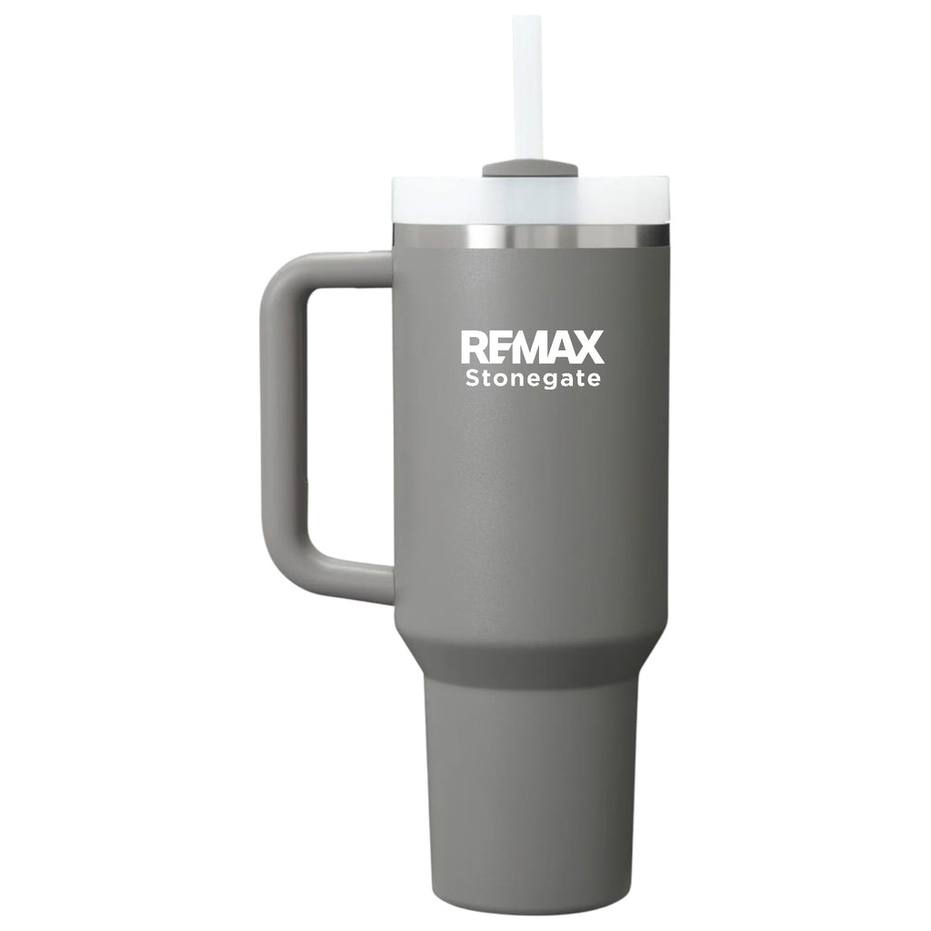 Gray travel mug with handle and straw lid featuring 'REMAX Stonegate' branding on a white background.