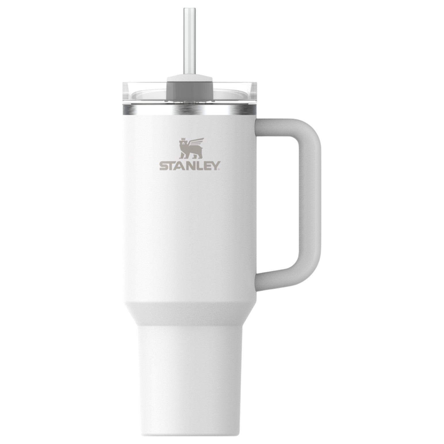 White Stanley mug with handle and straw on a white background