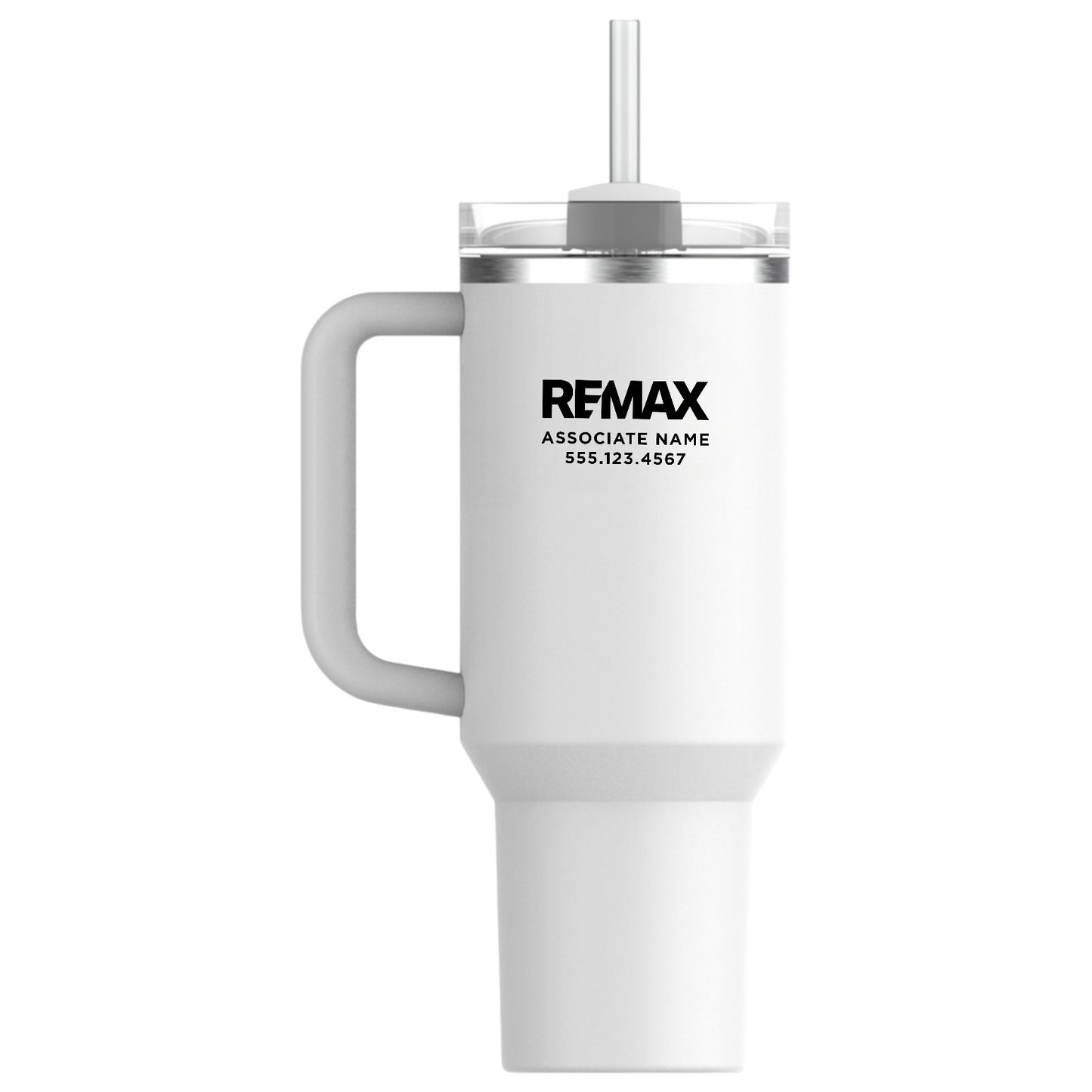 White tumbler with handle and straw featuring REMAX branding on a white background