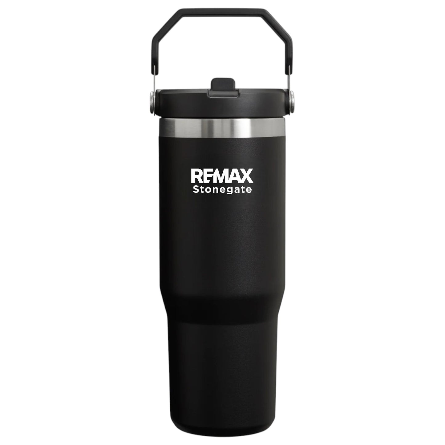 Black tumbler with silver lid featuring Remax Stonegate logo on a white background