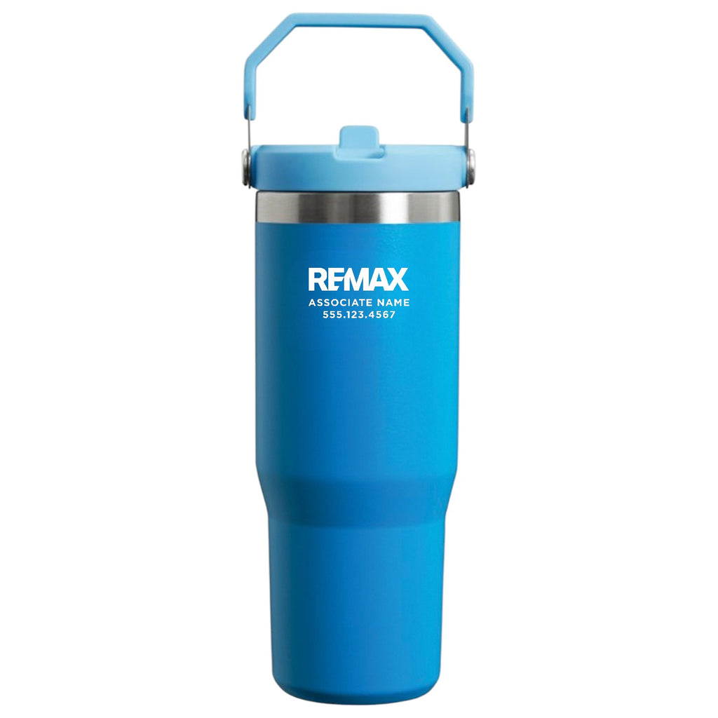 Blue tumbler with REMAX branding on a white background