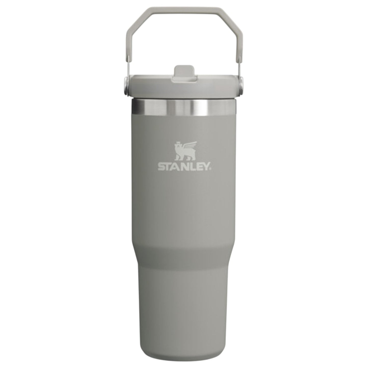 Gray Stanley tumbler with a silver lid on a white background
