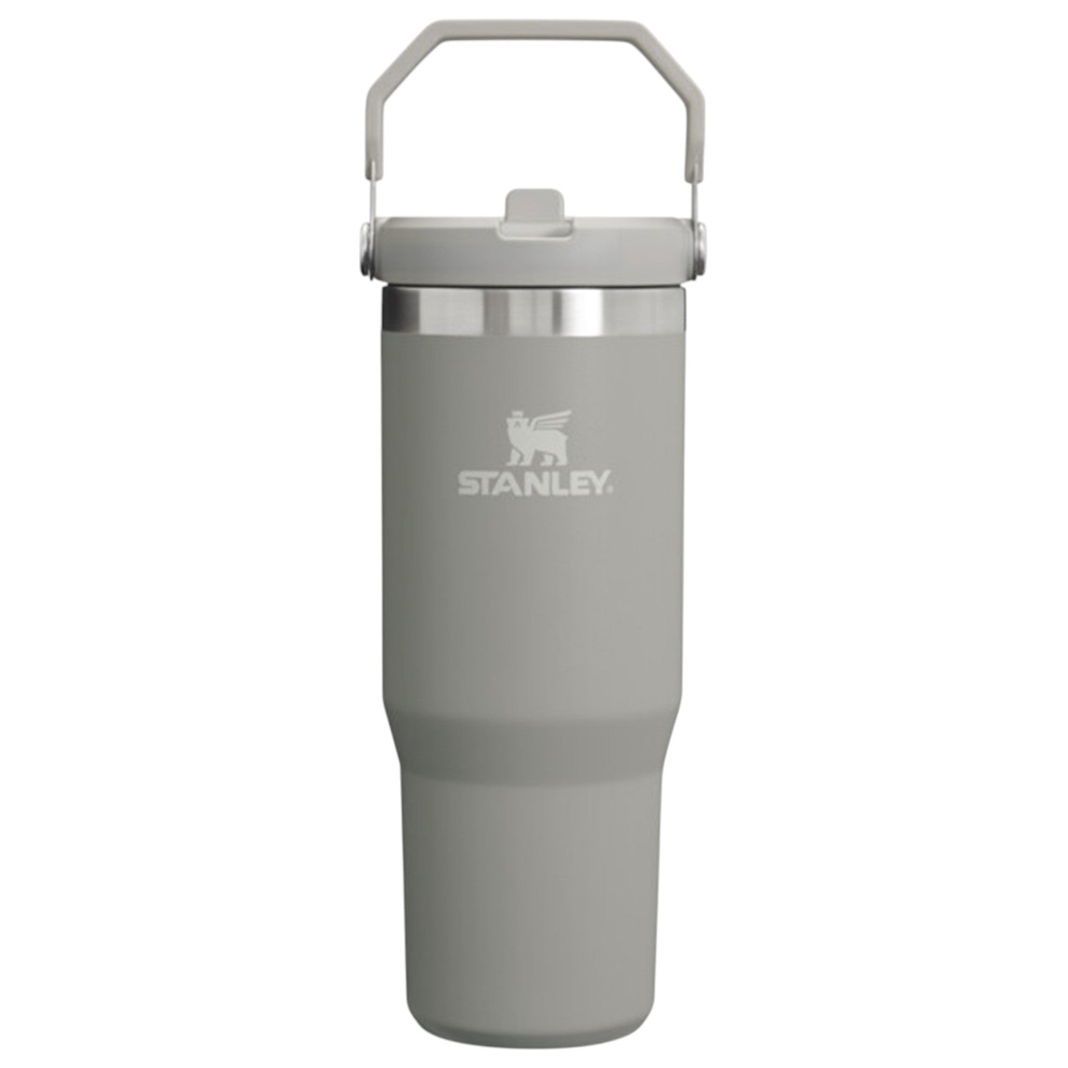 Gray Stanley tumbler with a silver lid on a white background