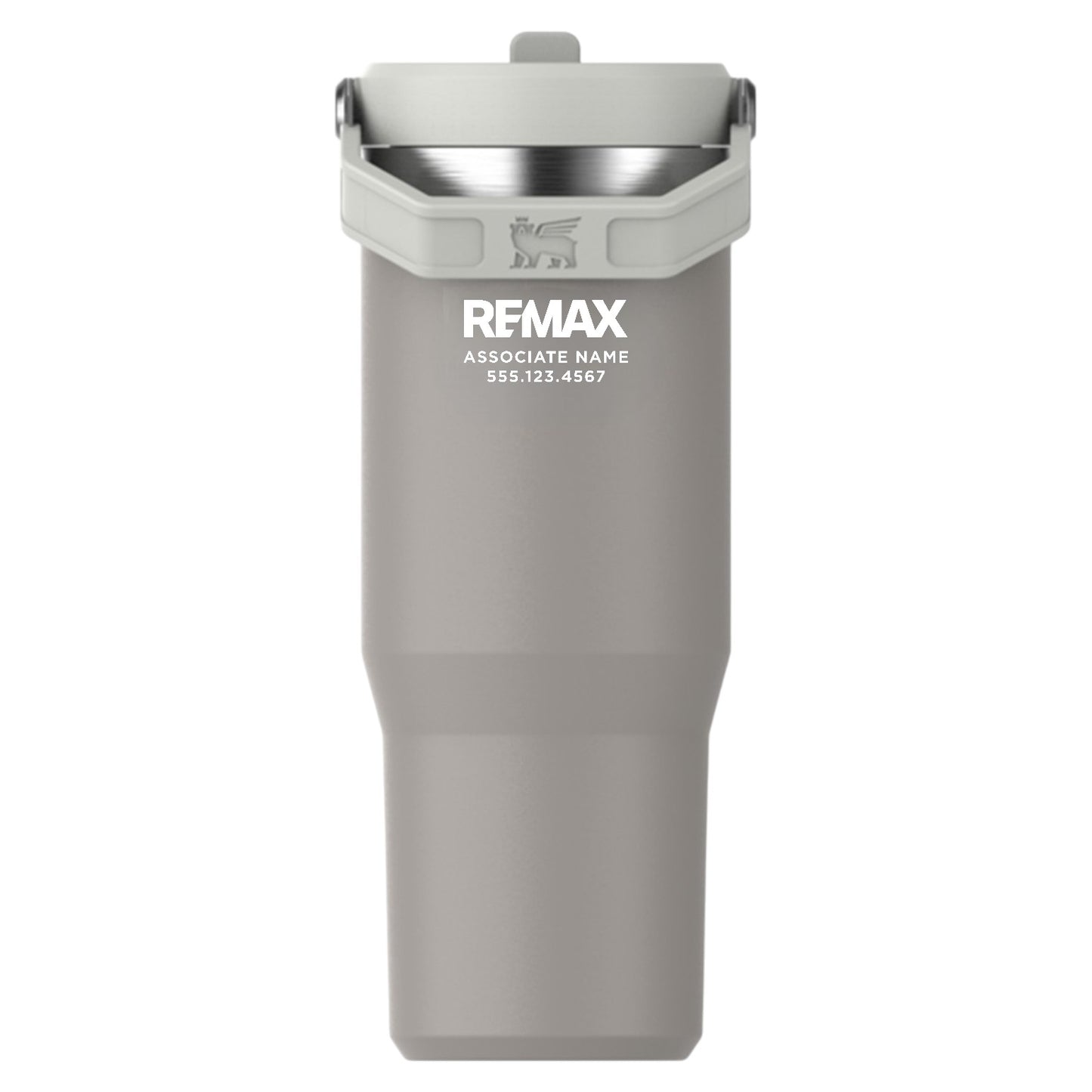 Gray tumbler with REMAX branding on a white background