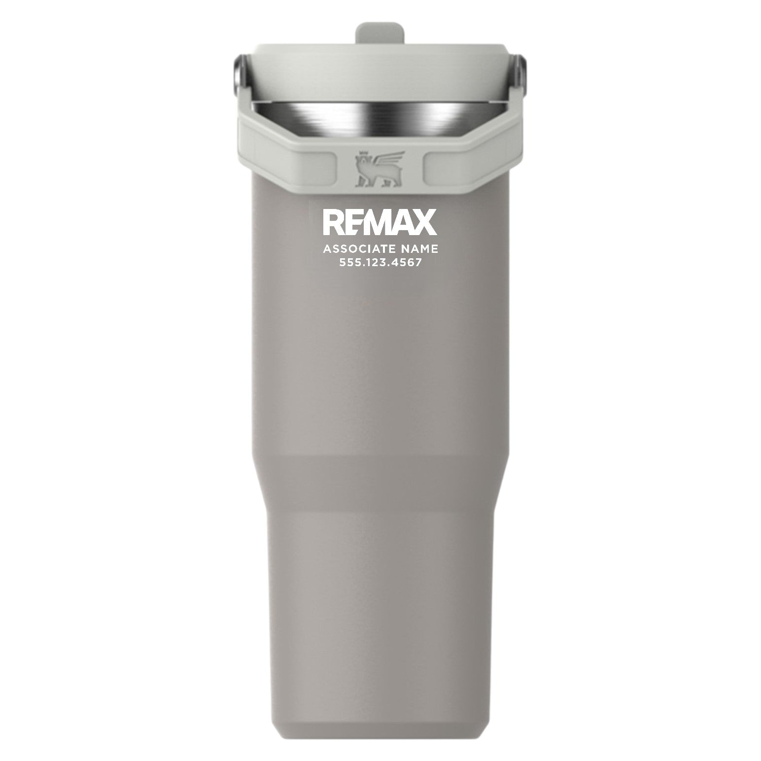 Gray tumbler with REMAX branding on a white background