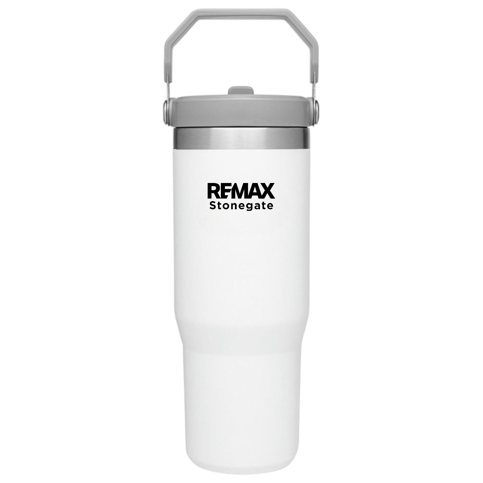 White water bottle with silver lid and REMAX Stonegate logo on a white background