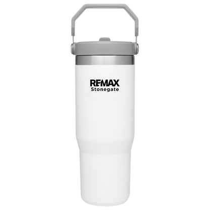 White water bottle with silver lid and REMAX Stonegate logo on a white background
