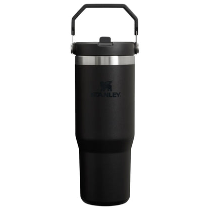 Black Stanley insulated mug with handle on a white background