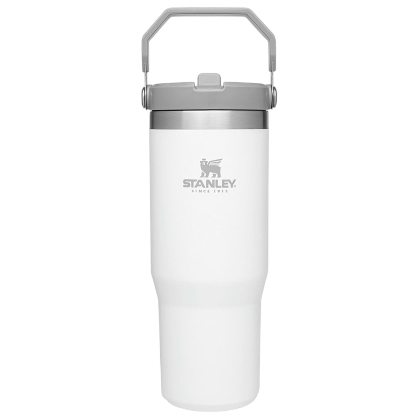 White Stanley insulated mug with a silver lid on a white background