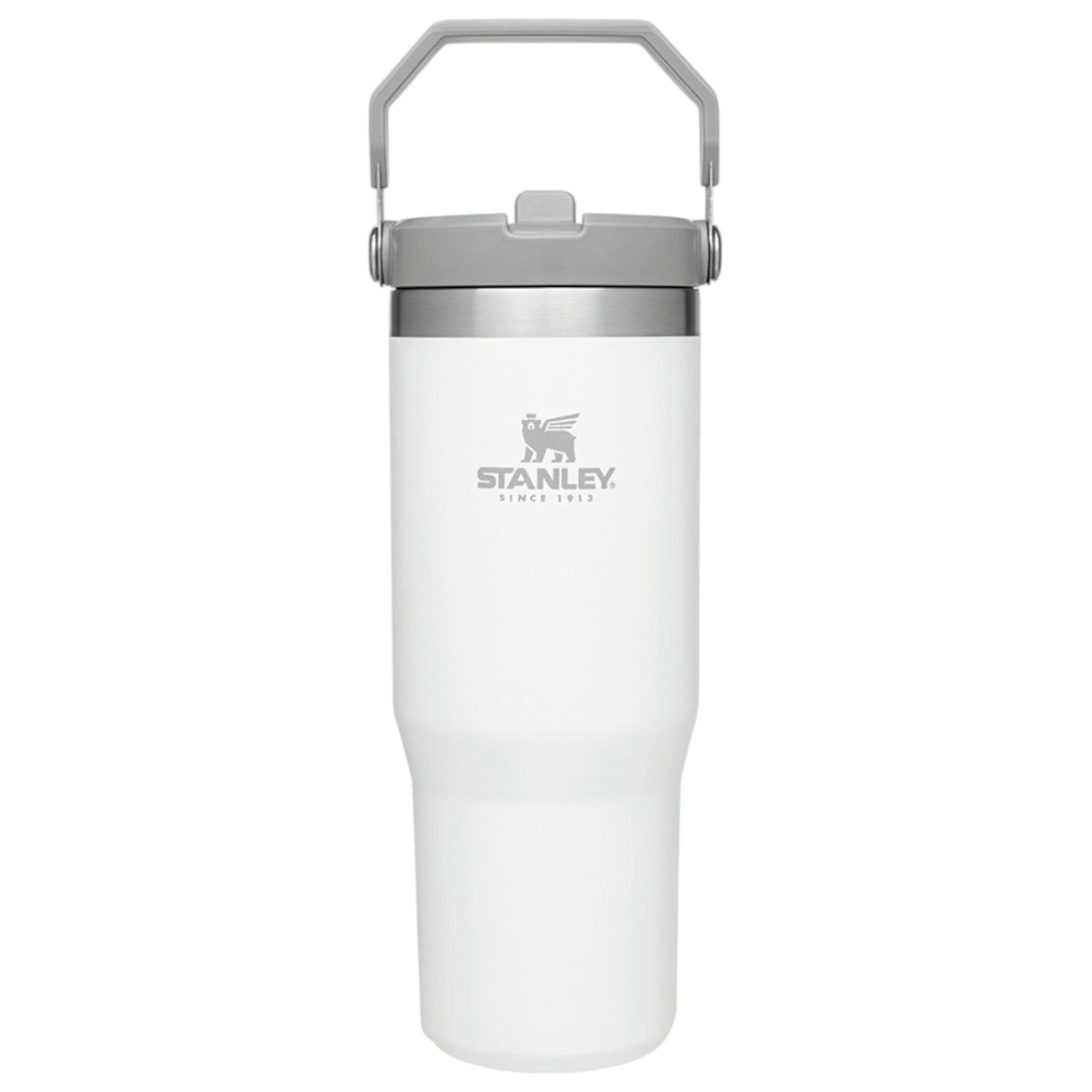 White Stanley insulated mug with a silver lid on a white background