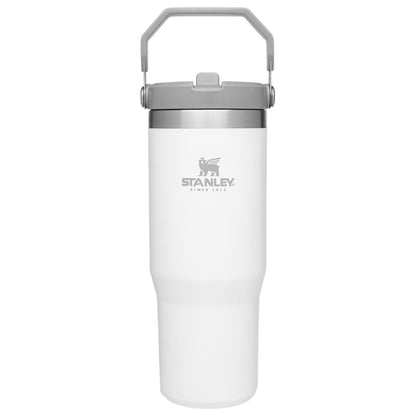 White Stanley insulated mug with a silver lid on a white background