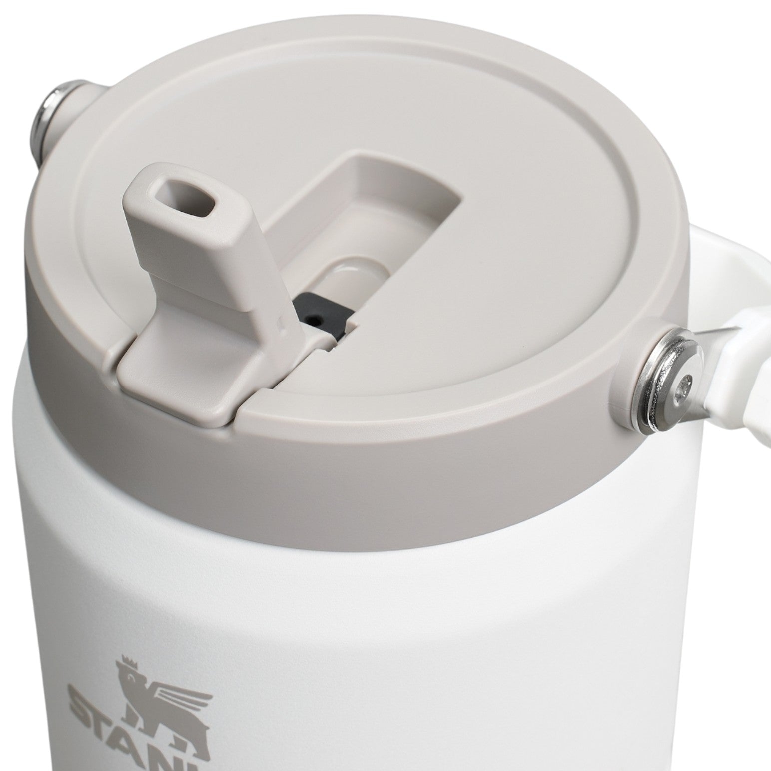 Close-up of a white insulated tumbler with a lid on a white background
